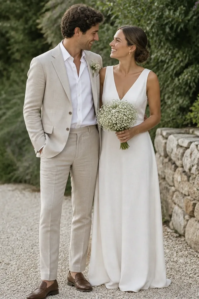 A light-beige linen two-piece suit on a man with a crisp white shirt, paired with a floor-length ivory linen dress on a woman; both look photographed outdoors near greenery, with a simple bouquet of small white flowers.