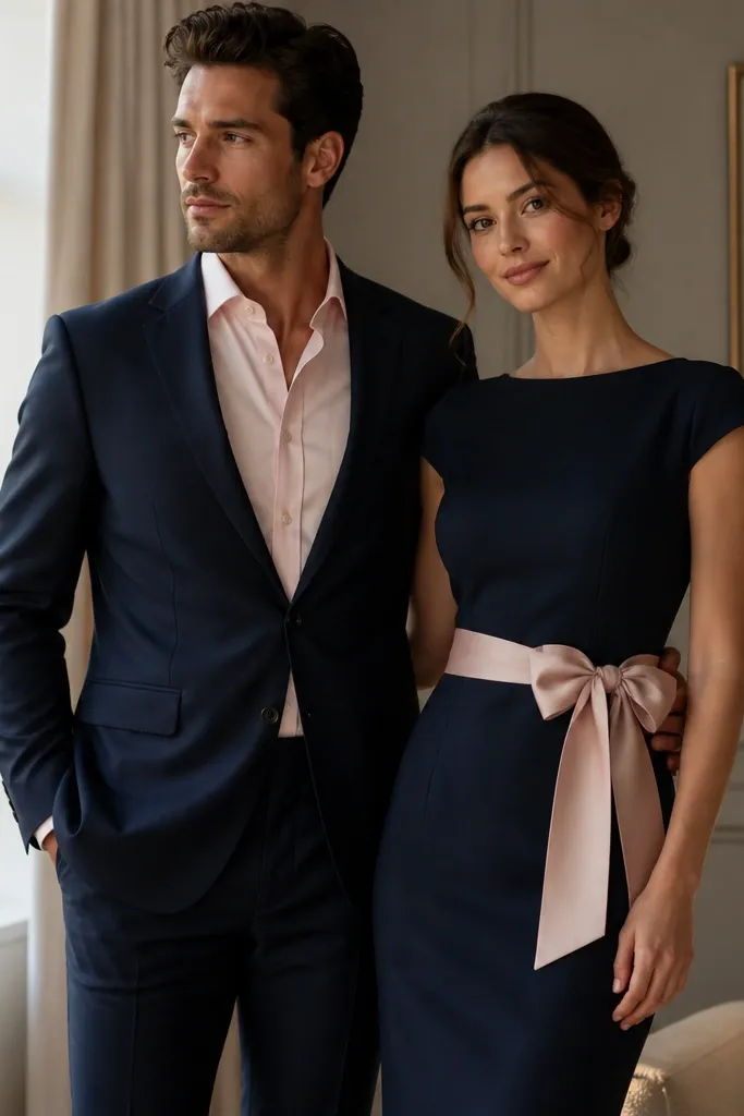 A navy suit jacket and matching trousers on a man with a pale pink shirt, next to a navy fitted dress on a woman with a blush satin ribbon tie at the waist; both are styled indoors with warm window light.