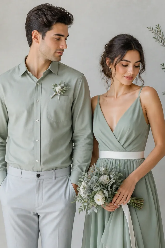 A man in a soft sage shirt with light gray trousers and a woman in a sage chiffon or crepe dress with a white belt; both are styled with a small bouquet of sage leaves and pale white blooms.