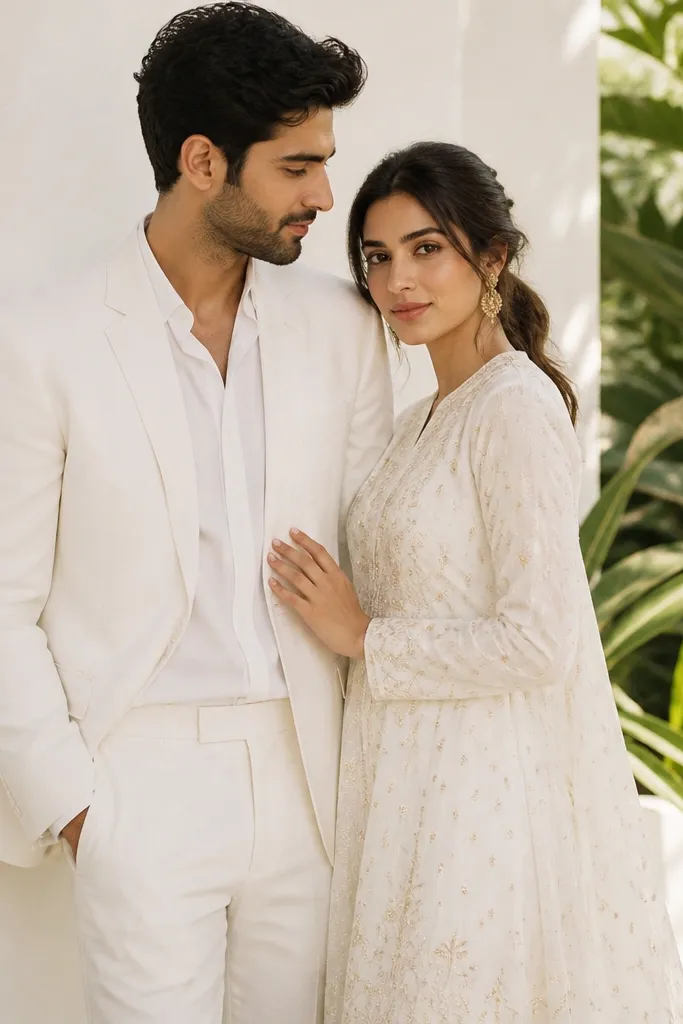 A man in an all-white outfit with a white shirt, white trousers, and a clean white blazer, paired with a woman in a white dress with subtle gold-thread embroidery; the photo background is a bright wall and greenery.