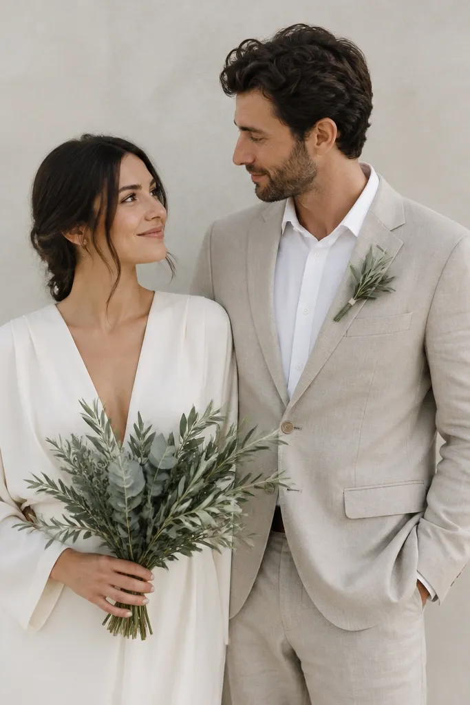 A woman holding a small bouquet made mostly of eucalyptus and olive-green leaves, paired with a man wearing a single green boutonniere pinned to his lapel; both wear neutral outfits.