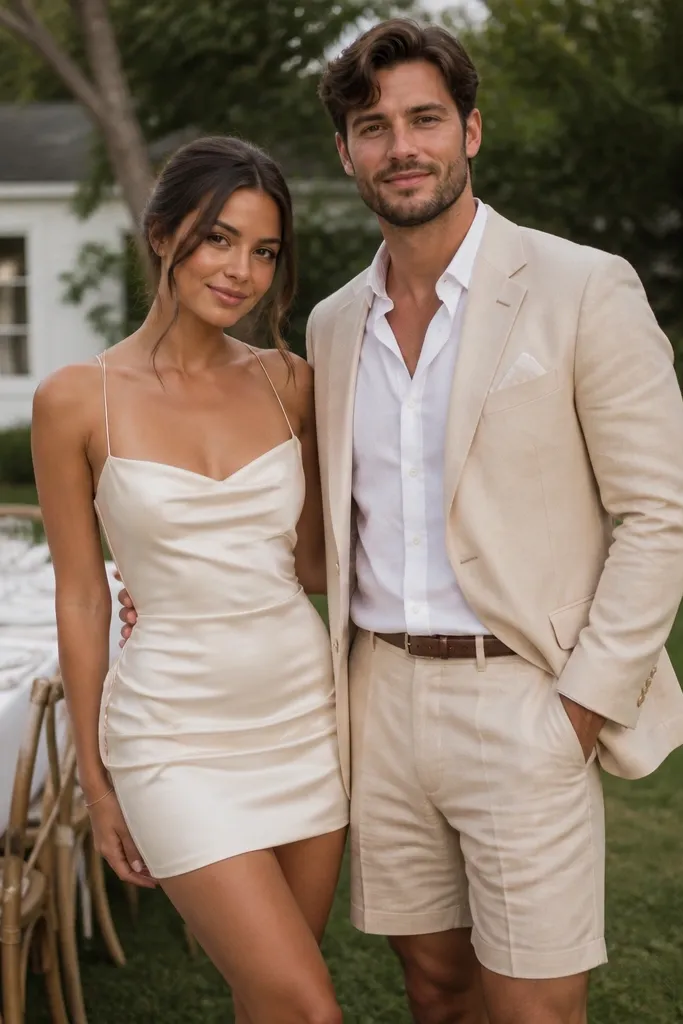 A woman in a fitted short reception dress with a smooth satin finish, paired with a man in a tailored shorts set with a matching blazer; both look comfortable and styled for a backyard wedding.