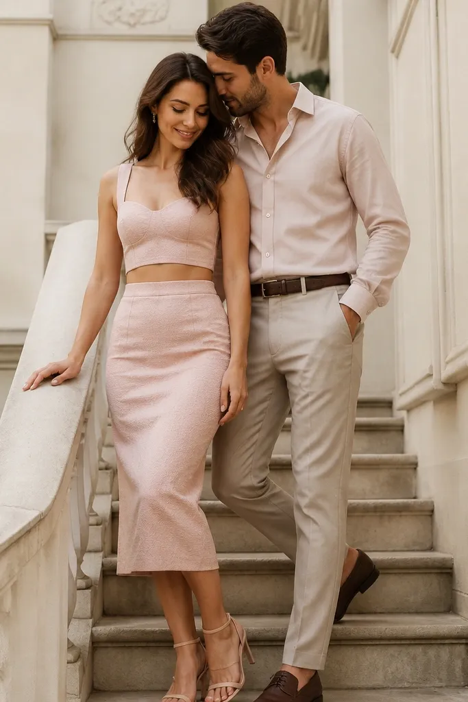 A woman wearing a two-piece skirt set with a fitted top and midi skirt in blush, paired with a man in a coordinating blush or neutral shirt and tailored trousers; the couple is photographed on a small staircase.