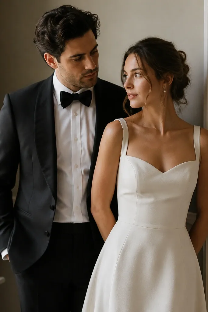 A man in a black tuxedo jacket with a black bow tie and white shirt, paired with a woman in a tailored waist dress in cream with a structured bodice; they stand in a small indoor space near a window.
