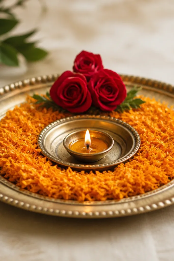 A tray where the center bowl sits inside a ring of marigold petals, with a small rose cluster placed directly behind the diya; two small rose buds appear on the left and right edges.