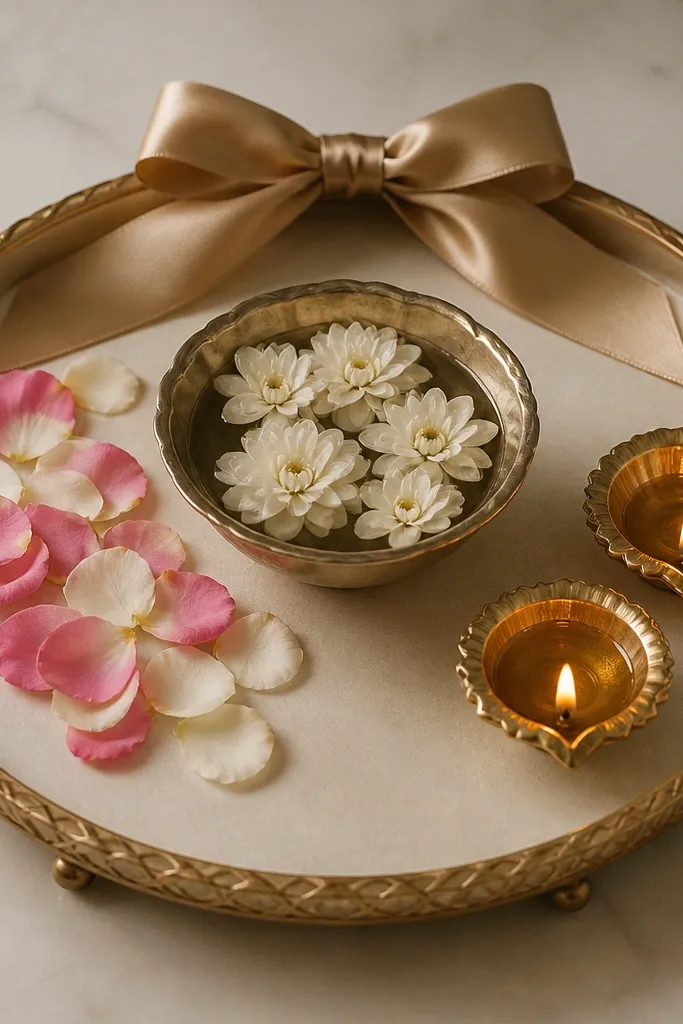 A tray with a large satin bow tied at the top rim, a neat petal spill on only the left side of the center bowl, and two small diyas lined on the right side.