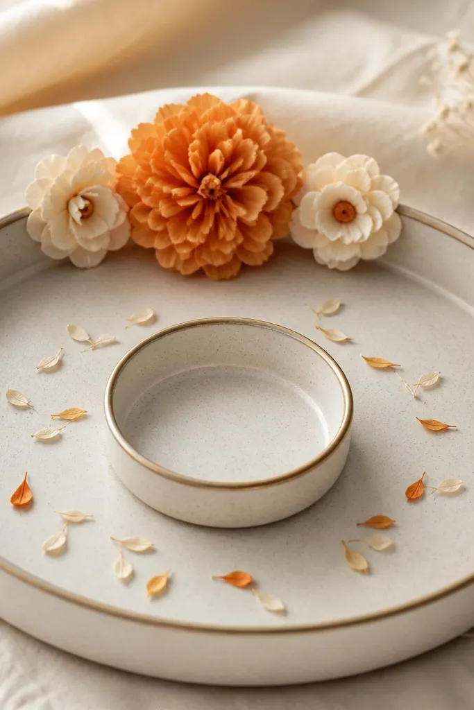 A tray with three handmade paper flowers attached at the rim - one large marigold-orange, two smaller cream blossoms - and a minimal petal scatter around the center bowl.