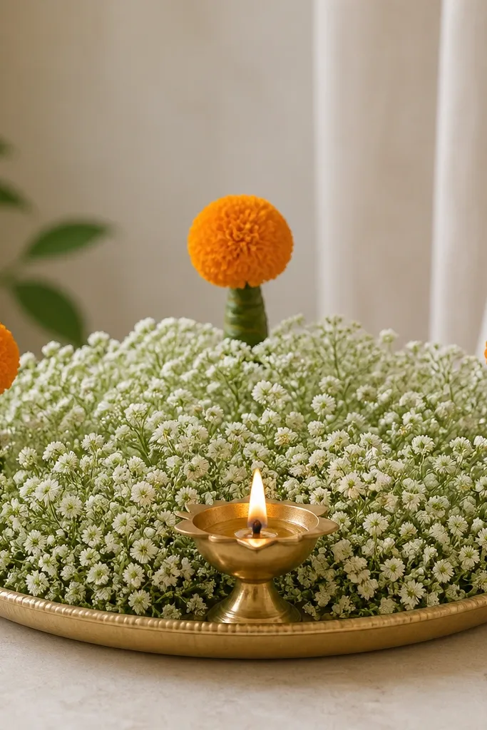 A tray base covered with a soft bed of white baby's breath, with small marigold top knots on three points, and a diya placed in the center front.