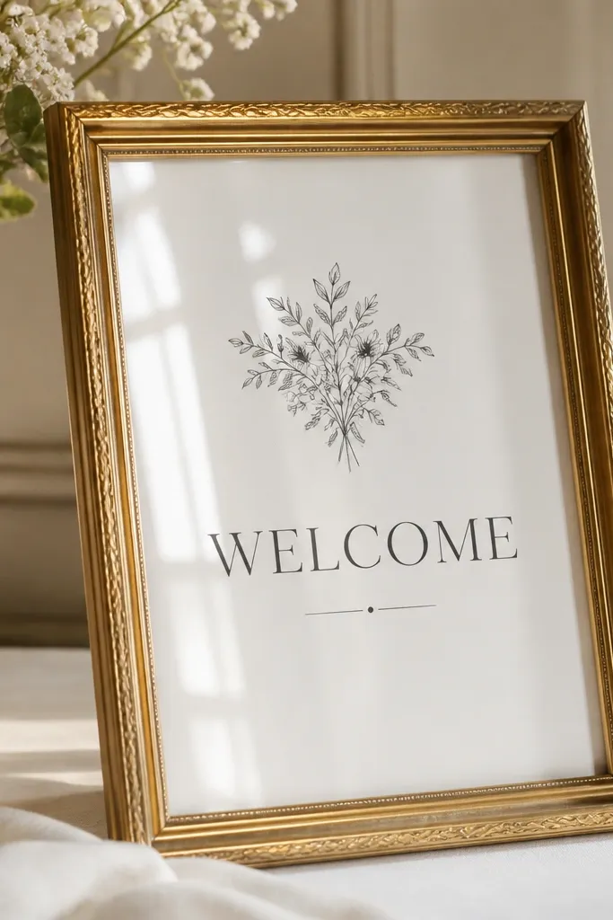 A gold thrifted picture frame holding a white insert. Inside, the welcome text is printed in dark charcoal with a small floral line drawing near the top, and the frame glass reflects light softly.