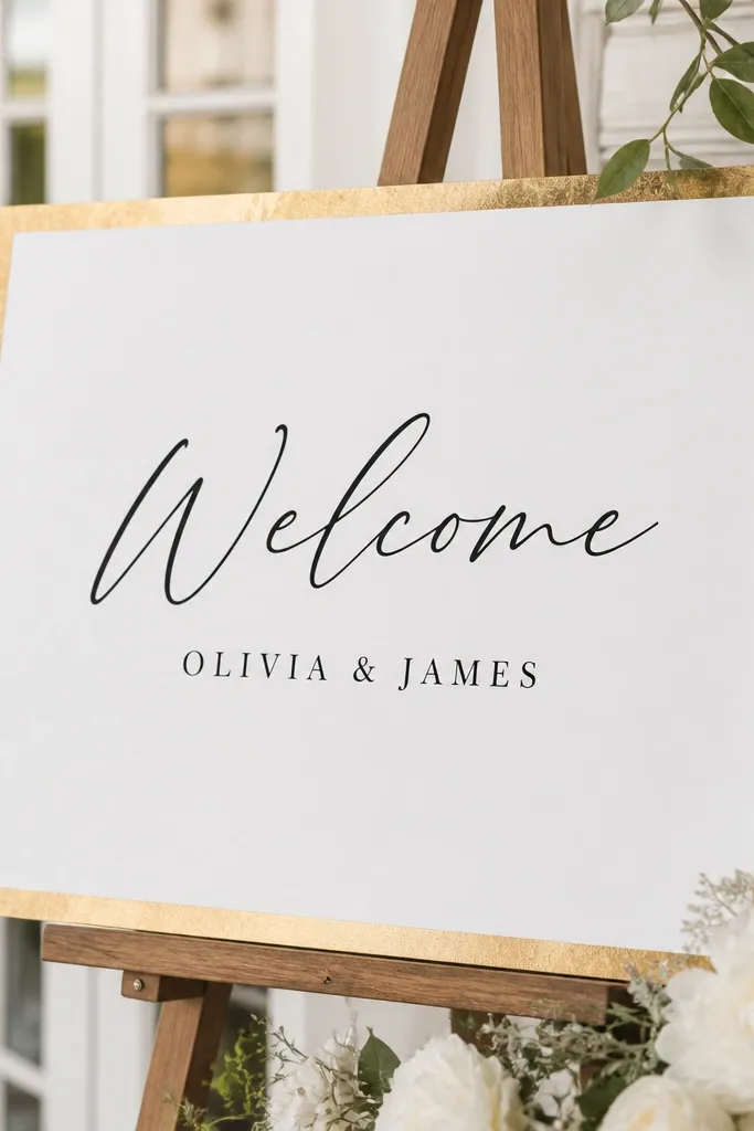 A white sign with a gold foil contact paper border. "Welcome" is printed in black script and the couple's names sit centered below in small caps.