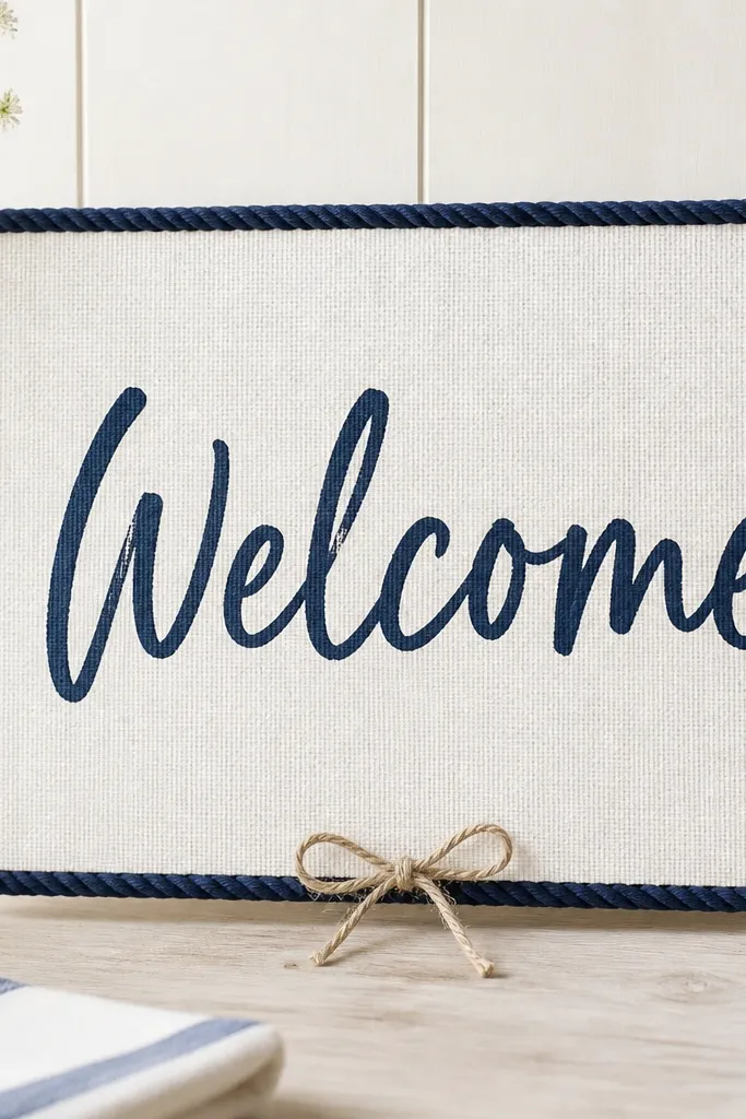 A white linen-texture board with a navy rope border forming a rectangle. "Welcome" is written in navy marker, and a small piece of twine ties at the bottom center.