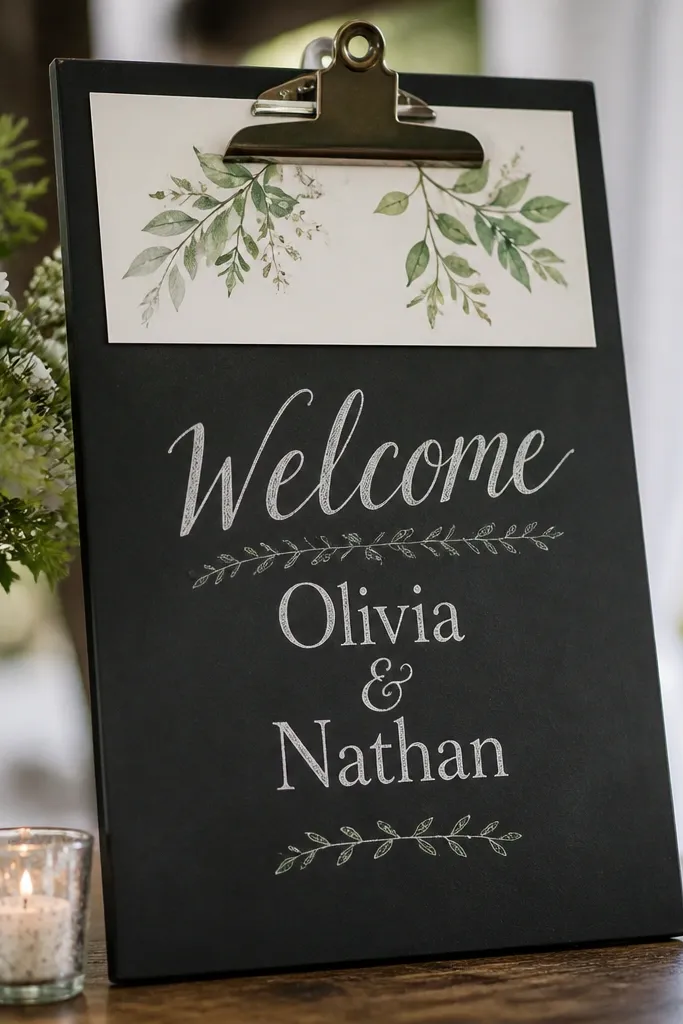 A black clipboard-style board with "Welcome" in white chalk-like lettering. The couple's names are centered below, and the clipboard clip holds a printed insert.