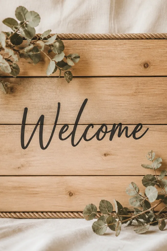 A natural wood slat board with a centered "Welcome" in dark ink. A thin rope border wraps the edges, and dried eucalyptus sprigs sit in the corners.