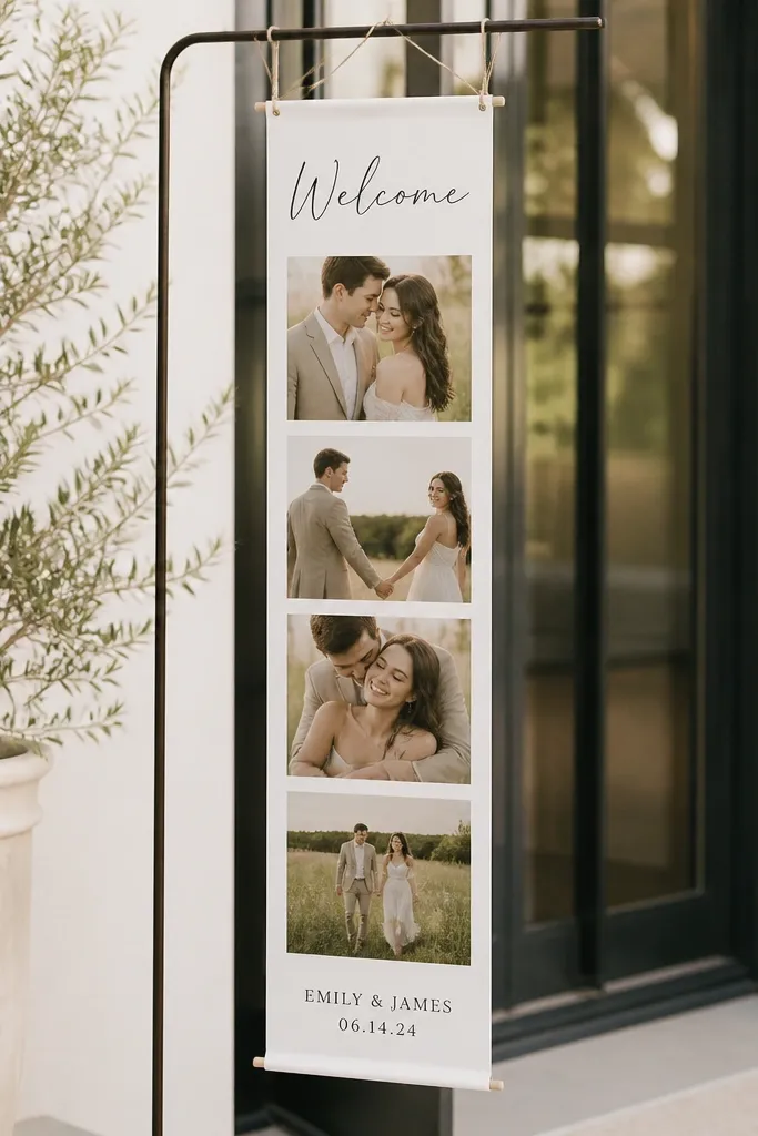 A sign made from a long photo strip layout. "Welcome" appears at the top, and below are three or four small photo frames with printed names and date on white backgrounds.