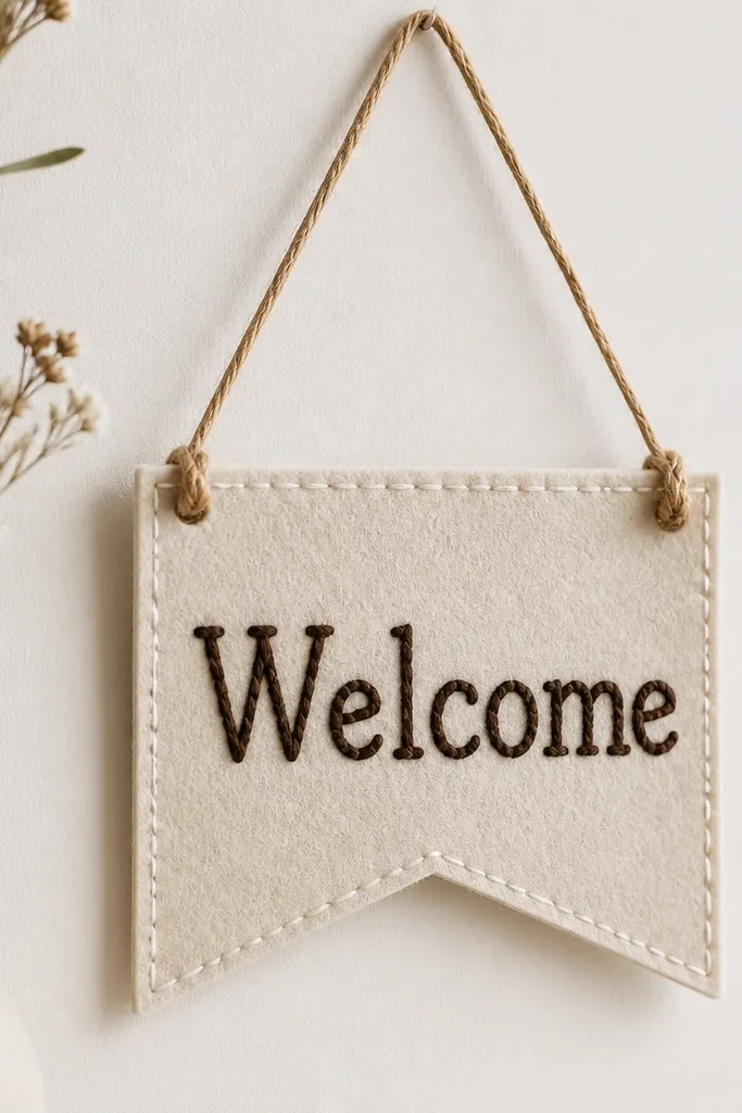 A small felt banner with "Welcome" stitched-looking lettering in white thread style. The felt is cream, the letters are dark brown, and the banner hangs from twine with small knots.