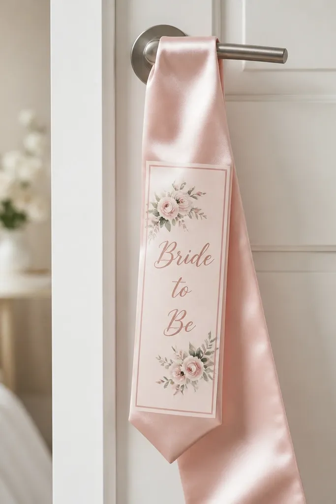 A satin blush door-hanger sash with a printed "Bride to Be" panel, hanging over a white door handle; the fabric drapes down and catches light softly.