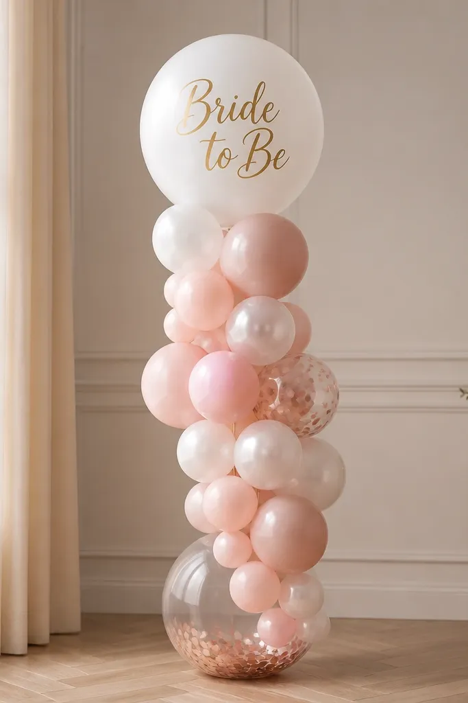 A freestanding balloon column with a clear balloon base on the floor, featuring a large white balloon with 'Bride to Be' text, surrounded by blush and pearl balloons; no wall mounting is used.