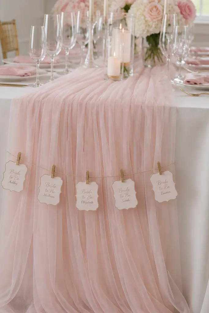 A blush tulle table runner layered over white satin, with a line of small clip-on tags that read 'Bride to Be' and names; the runner drapes over table edges.