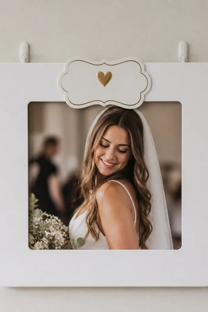 A simple white cardboard photo frame with rounded corners, mounted on a wall using small command hooks; the frame has a "Bride to Be" plaque at the top.