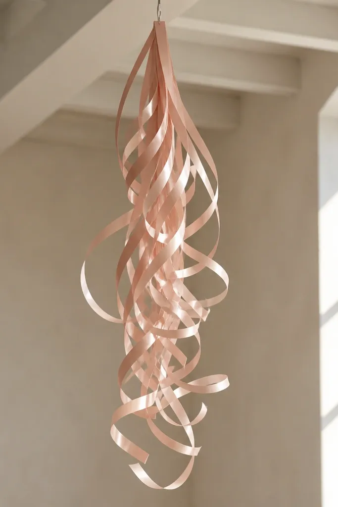 A hanging swirl of blush satin ribbon streamers attached to a ceiling hook, spiraling down; the ribbons catch light and move when people pass.
