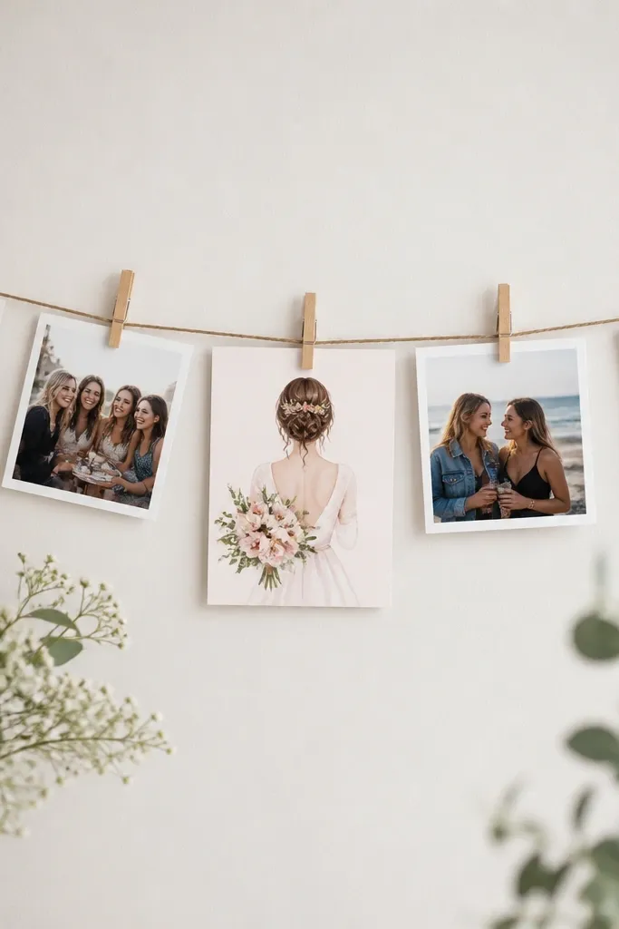 A garland strung across a wall with twine and small clothespins holding printed photos; a 'Bride to Be' card is centered among the photos.