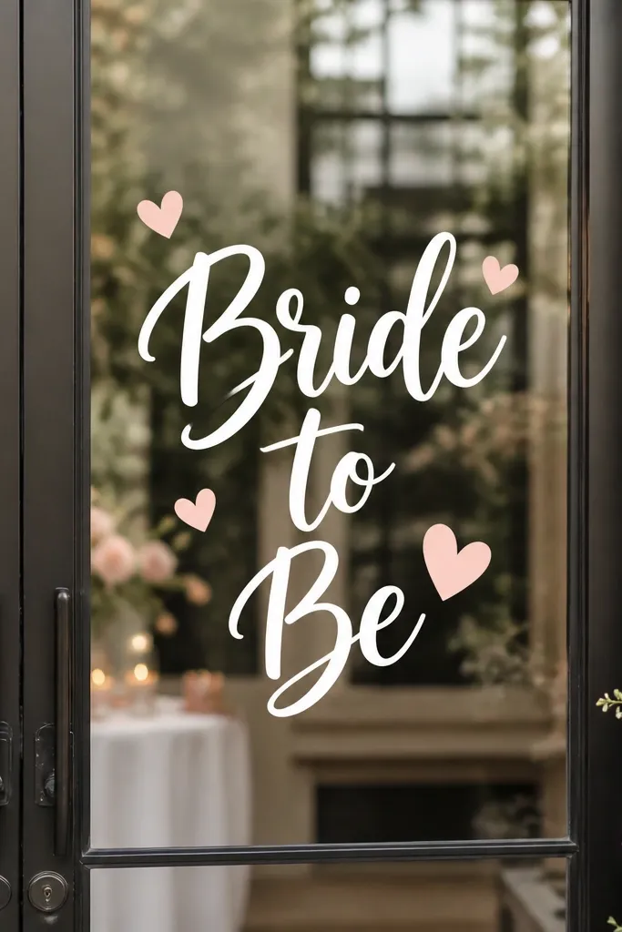 White window lettering on a glass door reading 'Bride to Be' with small blush hearts around it; the vinyl is clean and centered.
