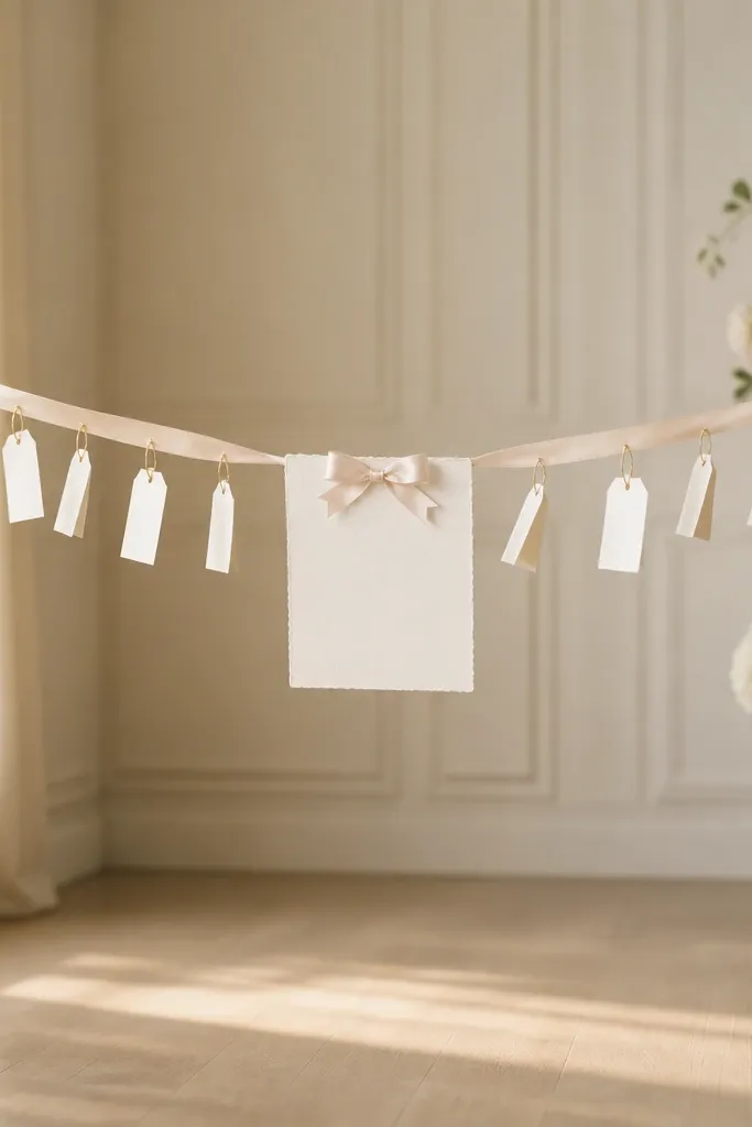 A satin ribbon line strung between two stands, with small hanging tags and a 'Bride to Be' card at center; the tags flutter slightly.