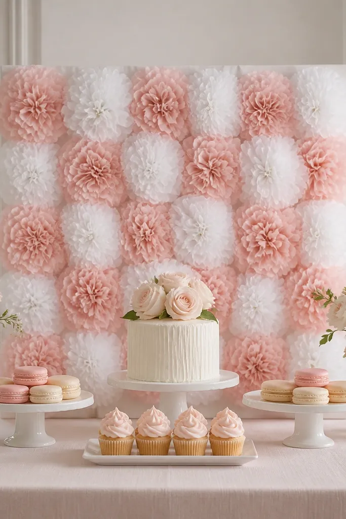 A small backdrop behind a dessert table made from folded tissue pom-poms in blush and white mounted on a lightweight board; it sits on the table and can be removed quickly.