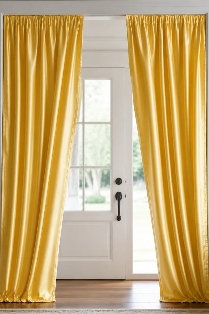 A pair of satin yellow drapes hanging on an entry doorway, each side has a neat vertical strip of hook-and-loop tape at the top and sides; the fabric falls in soft folds and frames a doorway without covering the door hardware.
