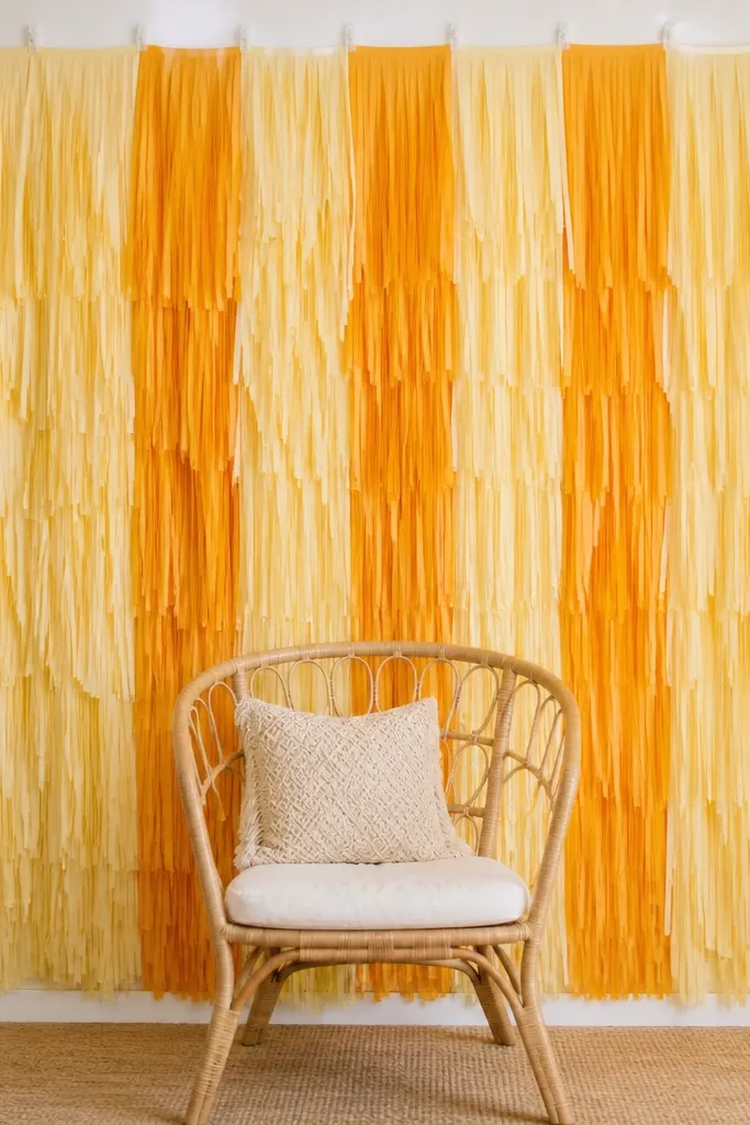 A wall backdrop made of hanging paper or fabric fringe strips in pale yellow and marigold, arranged in vertical columns; it is mounted using clear command strips at the top and looks like a curtain wall behind a chair.