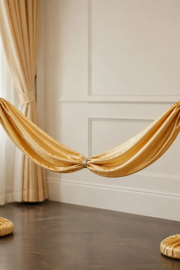 Gold fabric swag draped between two portable stanchions, with the fabric gathered in soft folds and clipped at intervals; the stanchions stand on round bases covered with fabric.