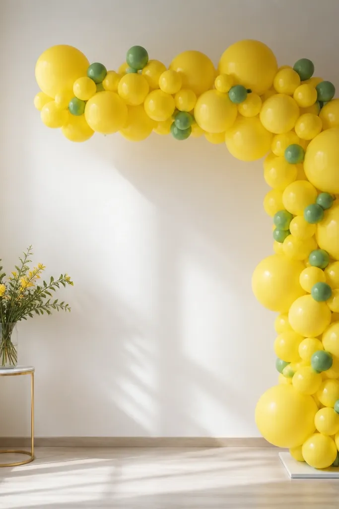 A balloon garland made of yellow balloons with small green accents attached to a weighted floor stand, forming an L-shape around a photo corner; no wall attachment is visible.