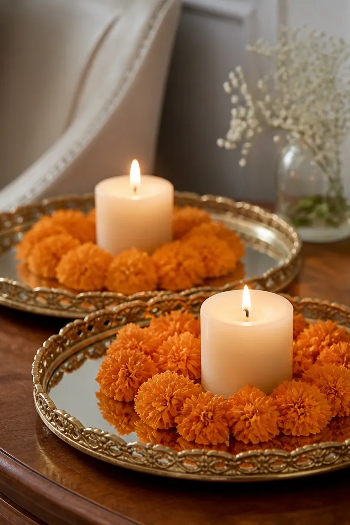 A couple of gold mirror trays on a side table, each with a ring of marigold petals around a centerpiece candle; the tray reflects the petals and candle light.