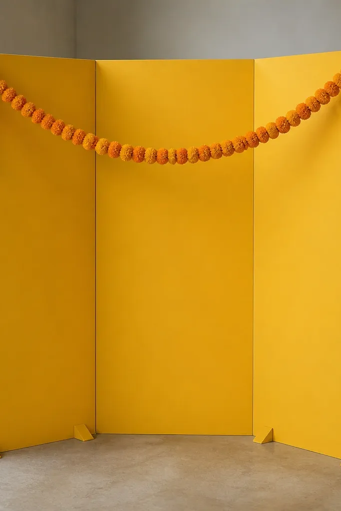 A photo corner made from three foam board panels painted in turmeric yellow, with a marigold garland draped across the front; the panels stand on small legs or weights.