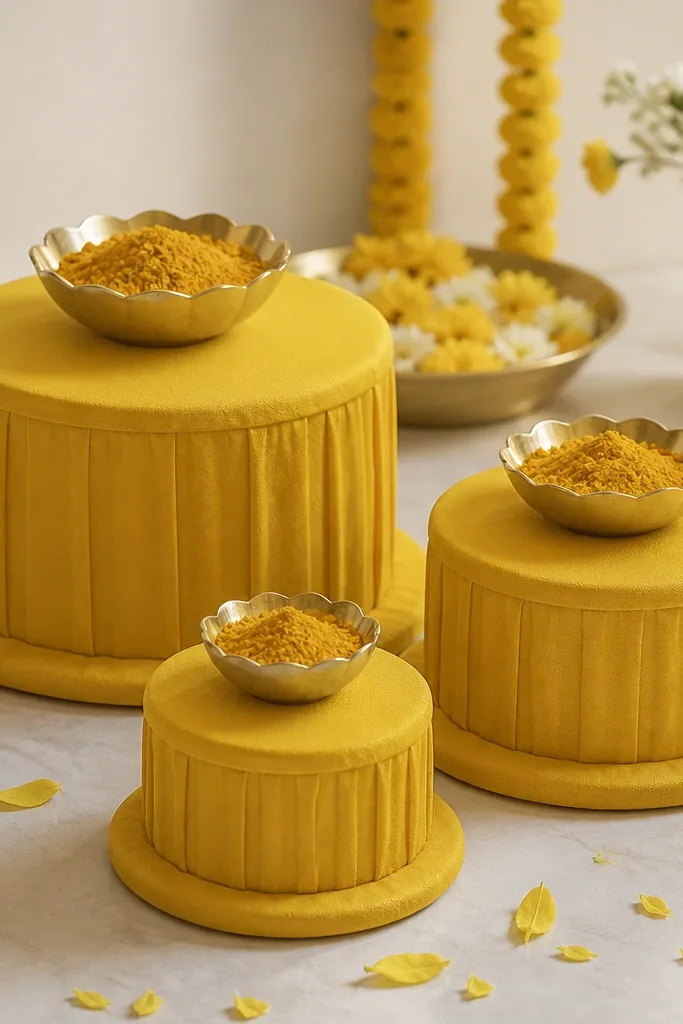 Small round plinths wrapped with yellow fabric, topped with haldi bowls; the fabric is smooth with a fitted look and the plinth base is covered in matching cloth.