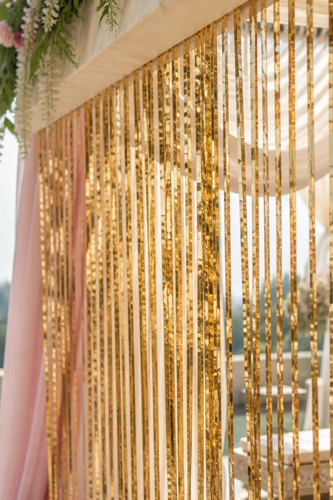 Gold foil curtain strips hanging in vertical strands along the edge of a mandap area, attached with removable tape on a top beam; the strips shimmer and catch light.