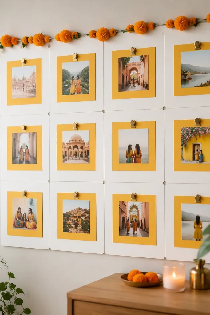A renter-safe photo wall made from white foam board panels arranged in a grid. Each panel has a square marigold-yellow paper frame attached with small hidden magnets at the corners. A thin garland of faux marigold blooms sits along the top edge, and loose photos are held by mini magnetic clips. The wall looks bright and clean, with no tape marks on the wall surface.