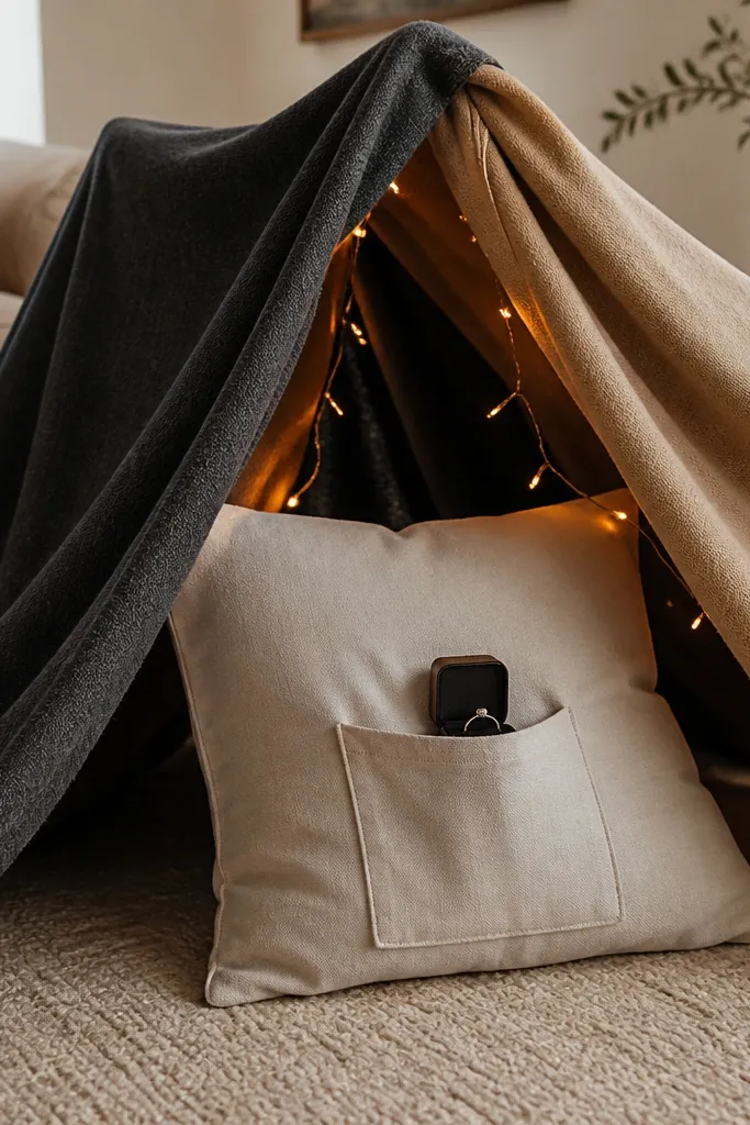 A living-room floor fort made from two wool throws: one charcoal, one camel. A large square pillow sits at the front with a small hidden pocket stitched into the pillowcase. The ring box is tucked in the pocket, and fairy lights are draped along the inner edge on battery power.