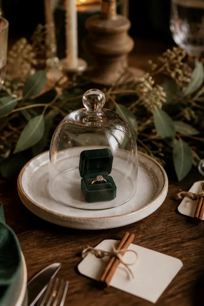 A dinner setting with small cinnamon sticks tied to cream place cards using thin twine. A glass cloche sits over a small plate at the center, with a ring box visible only when the cloche is lifted. The table has deep green napkins and warm amber lighting.