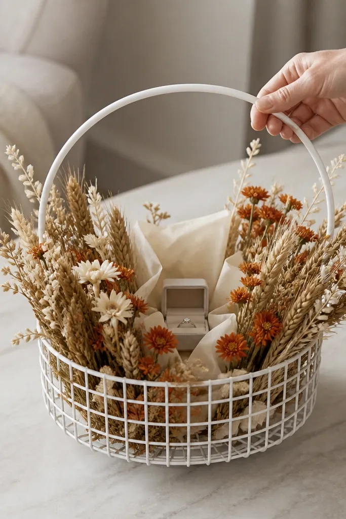 A white wire basket with a removable handle sits on a coffee table. Inside is an arrangement of dried wheat, small orange mums, and cream blooms. A ring box is wrapped in tissue and placed behind the bouquet stems, visible only when the basket handle is lifted.