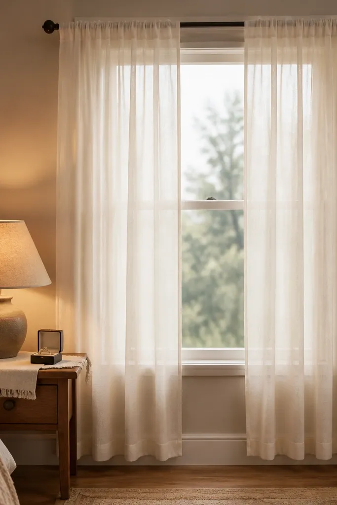 A bedroom window with two sheer cream curtain panels hung using removable tension rods. The bottom hems have small fabric weights. A small bedside table holds the ring box on a linen runner, and warm lamp light glows behind the sheers.