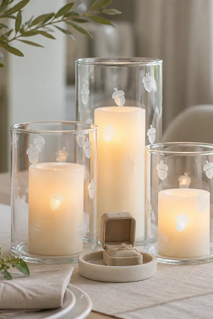 A cluster of three battery candles inside clear glass hurricanes on a dining table. On the glass, there are removable window clings shaped like tiny acorns in frosted white. The ring box sits on a small tray between the candles.