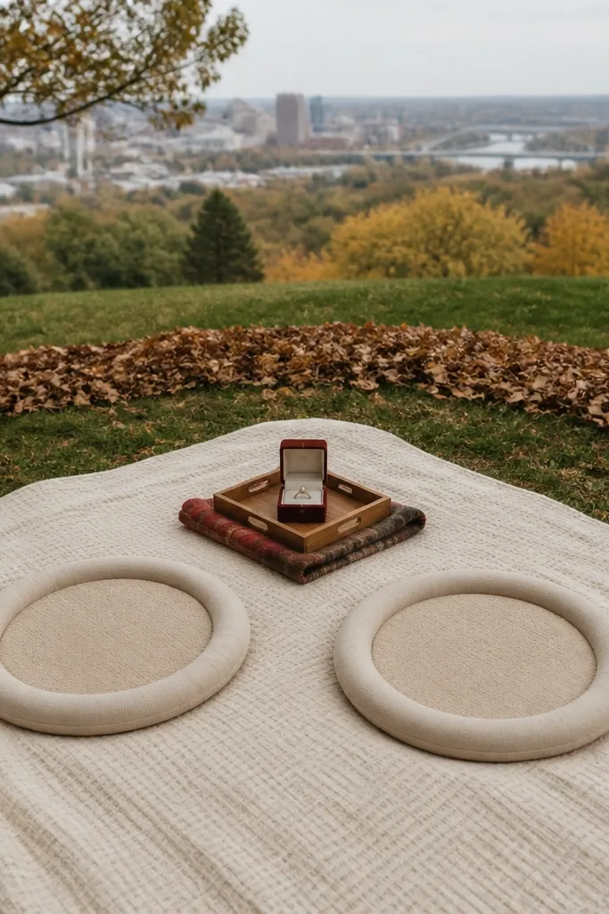 A park overlook setup with a thick blanket spread on grass. Two removable seat rings made from foam-backed fabric outline where you sit. A small wooden tray holds the ring box on top of a folded plaid cloth. Nearby, leaves are raked into a gentle curve behind the blanket.