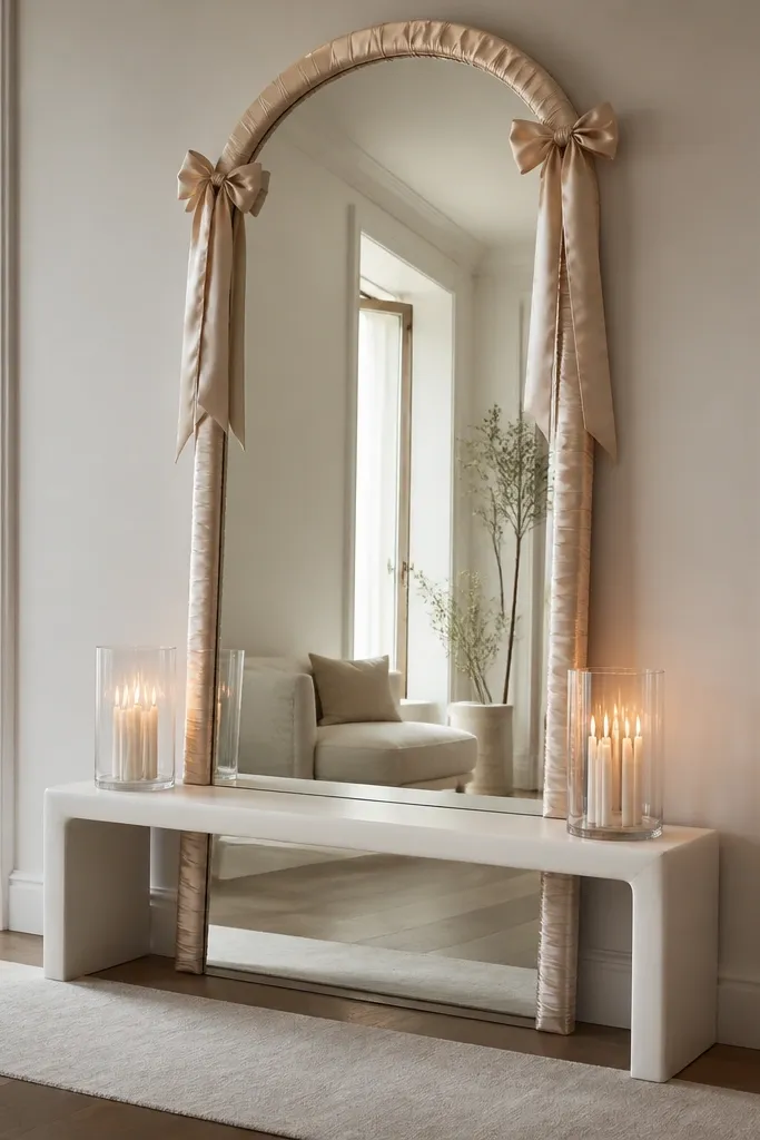 A tall arched mirror with the edges wrapped in champagne satin ribbon, tied in neat bows at the top corners. A small white console beneath holds two short glass hurricanes filled with warm white taper candles. The floor has a thin ivory runner under the mirror area.