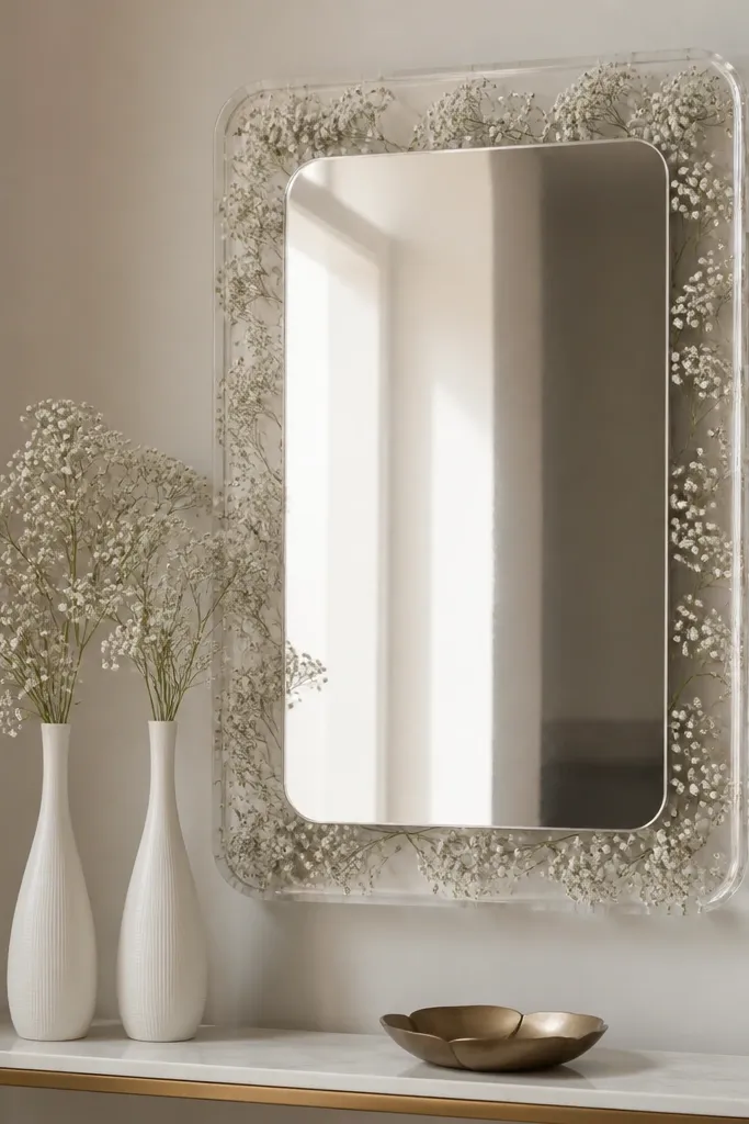A modern mirror with a clear acrylic frame wrap around the edges. White gypsophila sprigs are tucked behind the acrylic, forming a soft halo around the mirror. Two slim white vases with baby's breath sit on a narrow entry table.