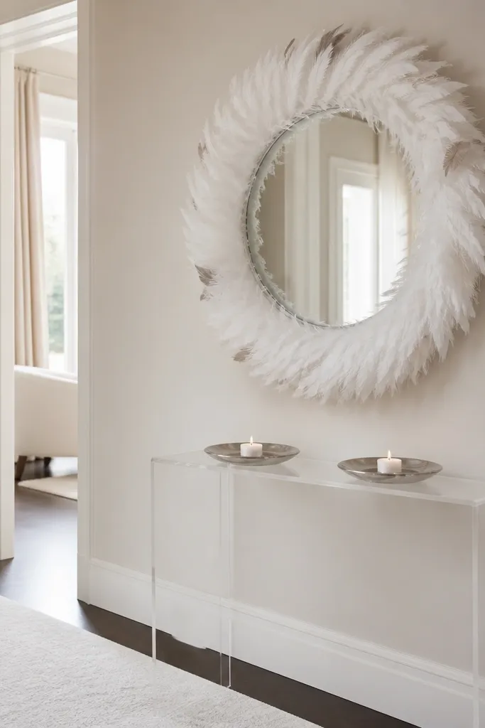 A mirror with a feather trim band around the outer edge, mostly white feathers with a few pale silver tips. Under it are two silver tealight plates with small tea lights. The entry wall is light warm beige and the floor is covered with a white runner.