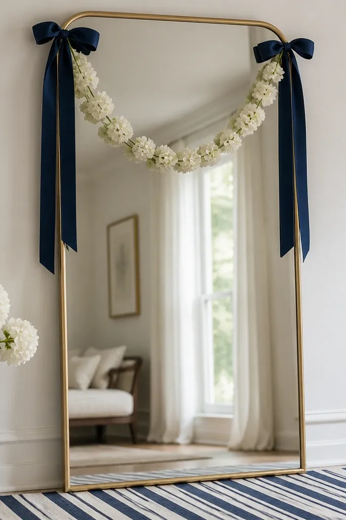 A mirror with navy ribbon tied in two vertical bows near the top corners. Small white hydrangea mini garlands sit between the bows and the mirror frame, forming a gentle U shape. A small navy-and-white striped runner covers the floor area.