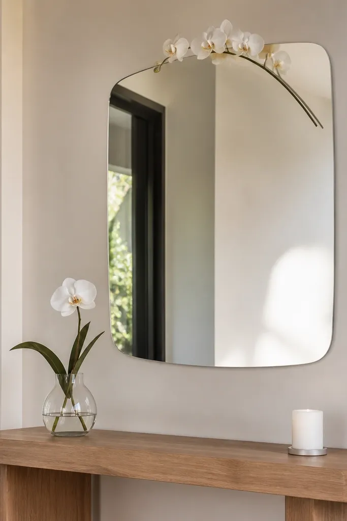 A simple mirror with no heavy framing, just one orchid stem tucked at the top edge. Under the mirror sits a clear glass vase with a single orchid bloom and a few leaves. The entry table is bare except for a small white candle.