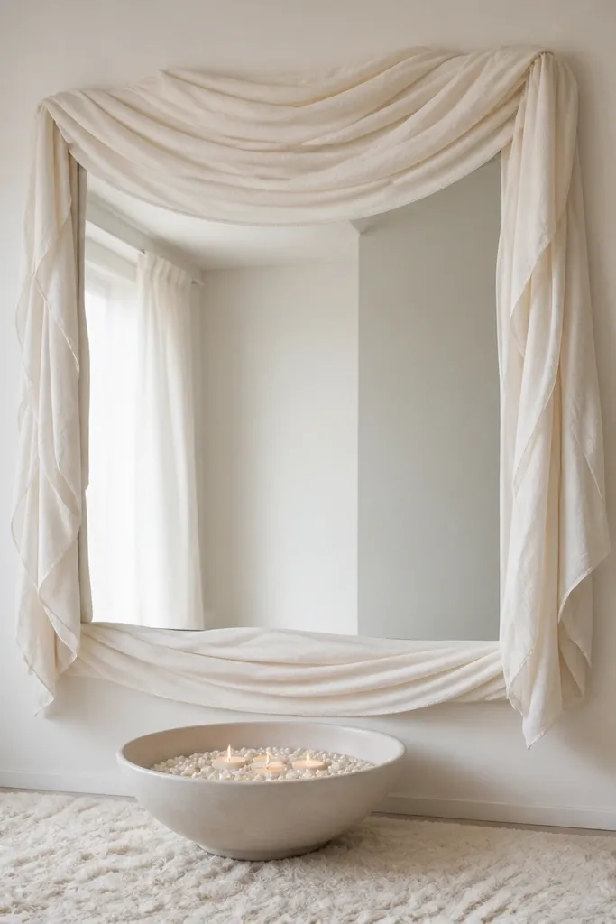 A rectangular mirror with layered ivory linen swags draped around the perimeter like a soft frame. Beneath it sits a ceramic bowl filled with white pearls and a few floating candles. The wall is warm white and the floor has a cream rug.