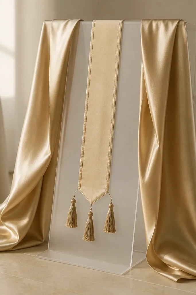 A long silk scarf in champagne gold is draped over a clear, matte-finish acrylic sign stand. The welcome text is printed on a narrow fabric strip sewn into the center, with small tassels hanging at the bottom.